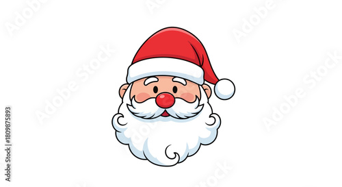Santa Claus head red hat white beard round nose and smiling face