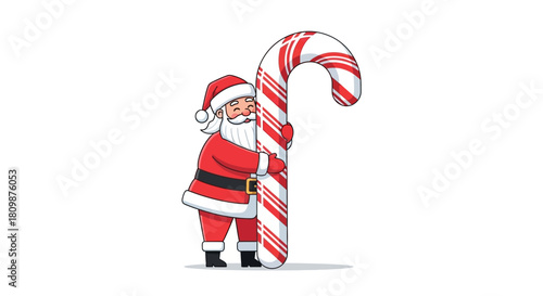 Santa Claus hugs a large red and white striped candy cane smiling