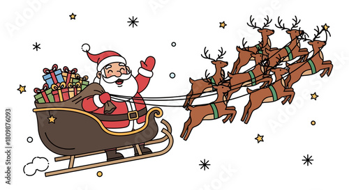 Santa Claus in a sleigh pulled by reindeer Gift sack visible Snowflakes and stars fill the sky