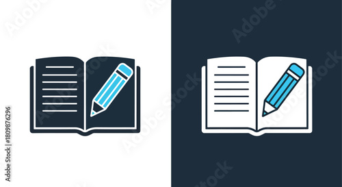 Open book with pencil icon on blue background - Vector icon symbol for website - Icon vector - Blue icon vector - Line and glyph solid icon and logo template