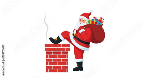 Santa Claus with gift bag and foot in chimney with smoke