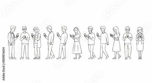 People using smartphones in a line, focused on their devices.