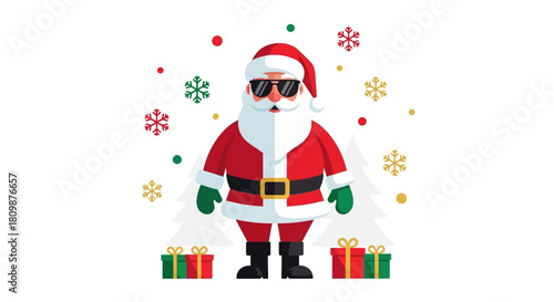 Santa Claus with sunglasses stands amidst presents and snowflakes