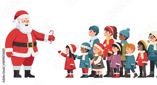 Santa handing candy canes to children in winter clothes
