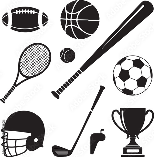 Black and White Silhouette Illustration of Sports Equipment Football Basketball Tennis Racket Baseball Bat Soccer Ball Golf Club Helmet Whistle Trophy