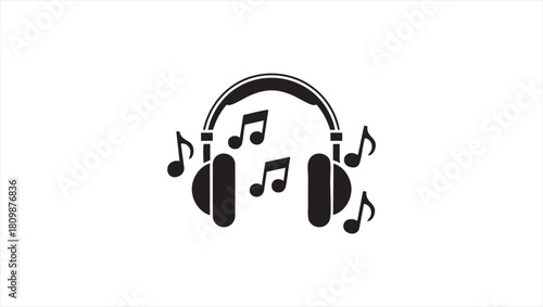 Simple vector illustration of headphones surrounded by musical notes, symbolizing the enjoyment of songs and melodies