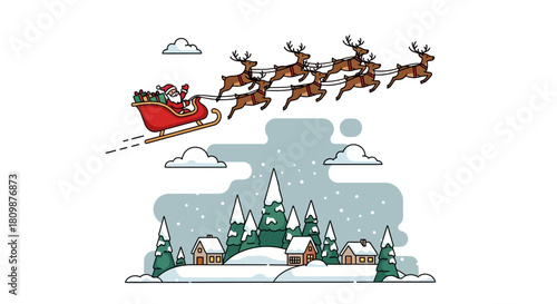 Santa in a red sleigh pulled by reindeer flies over a snowy village