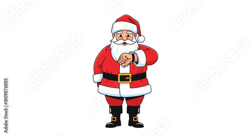 Santa in red suit checking his watch standing on a white background