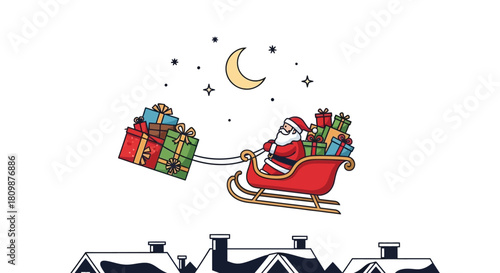 Santa in a sleigh flies over snowy rooftops with gifts under a crescent moon and stars