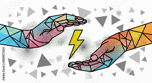 Colorful Low Poly Hands Creating an Electric Charge.
