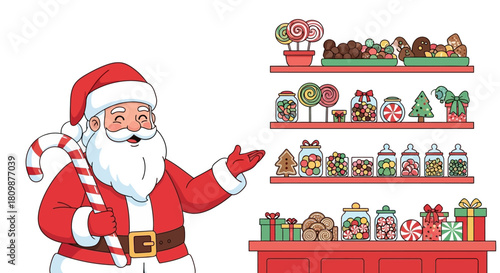 Santa presents shelves filled with sweets in jars chocolates gifts and lollipops
