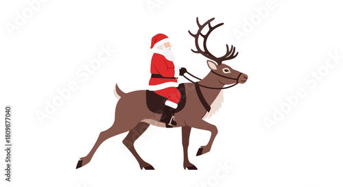Santa riding a reindeer with antlers illustrated against a white background