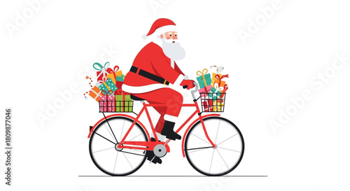 Santa rides a red bike laden with gifts in front and rear baskets