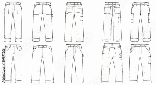 Technical Drawing of Various Workwear Pants and Trousers.