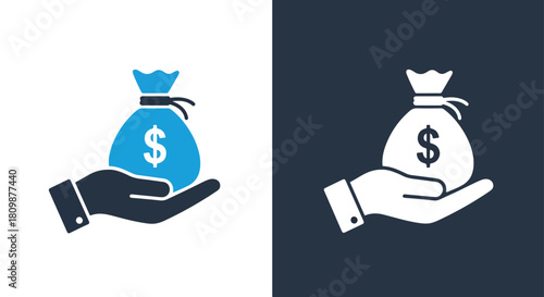Hand holding money bag illustration - Vector icon symbol for website - Icon vector - Blue icon vector - Line and glyph solid icon and logo template