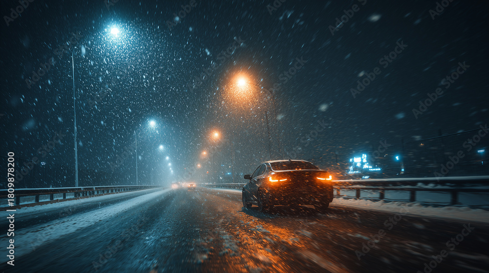 Fototapeta premium Car driving on snowy road at night during heavy snowfall