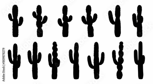 Collection of Silhouette Cactus Plants in Various Shapes and Sizes.