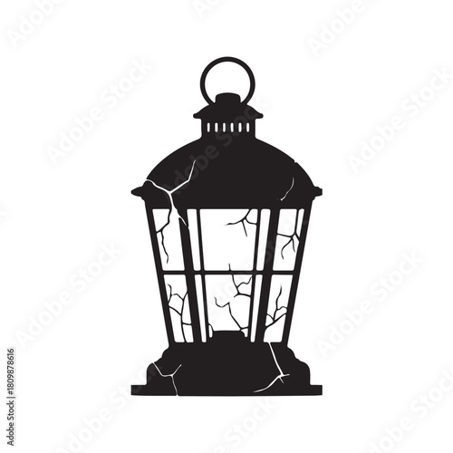 Distressed Vintage Lantern Silhouette with Cracks on White Background