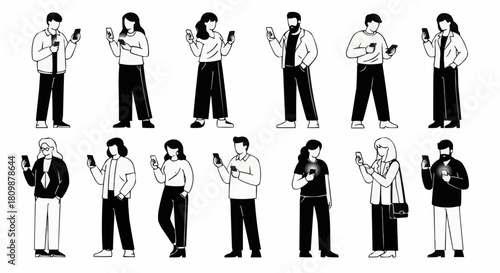 Diverse Group of People Using Smartphones in a Stylized Line Art Illustration.