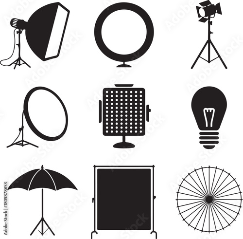 Black and White Silhouette Illustration of Studio Lighting Softbox Ring Light Light Stand Reflector LED Panel Bulb Umbrella Backdrop Diffuser