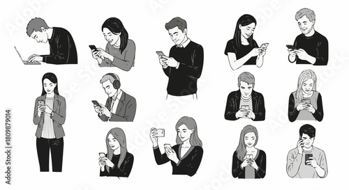 Diverse group of people engrossed in their smartphones and devices.