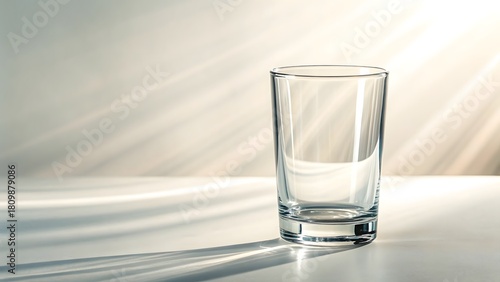 A clear glass tumbler sits on a white surface with light rays in the background creating shadows around it