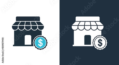Two shops with dollar signs icon - Vector icon symbol for website - Icon vector - Blue icon vector - Line and glyph solid icon and logo template