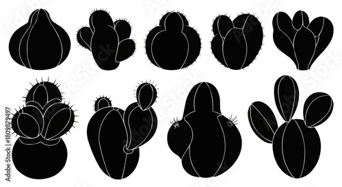 Collection of Diverse Cactus Silhouettes in Various Shapes and Sizes.