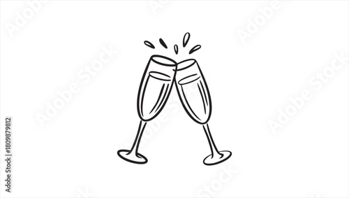 Cheers! Two champagne flutes clinking together, symbolizing celebration and toast in a simple outline