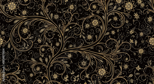 Intricate Golden Floral Swirls Adorn a Dark Elegant Surface.