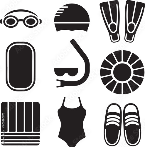 Black and White Silhouette Illustration of Swimming Gear Swim Goggles Swim Cap Flippers Kickboard Snorkel Pool Float Beach Towel Swimsuit Water Shoes