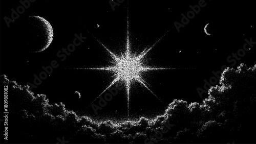 Bright star surrounded by a dark night sky, with crescent moons and stippled clouds. Cosmic space vector background for design.