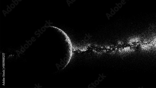 Abstract planet with ring of shining particles. Space vector background visualizing galaxy, star, universe. Digital design for science.