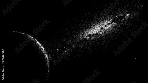 Distant planet and bright stardust galaxy in vast outer space. Astronomical dotted texture for science fiction themed design.