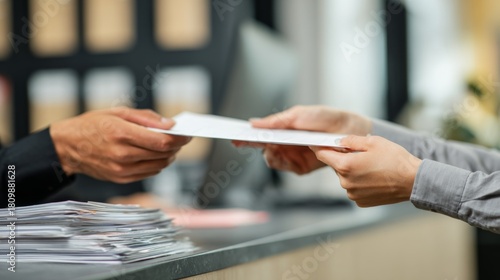 Receiving Forms from Visitor at Reception Desk in a Modern Office Environment
