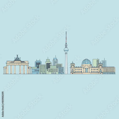 Stylized illustration of Berlin skyline with Brandenburg Gate, Reichstag, and TV Tower against a light blue background.