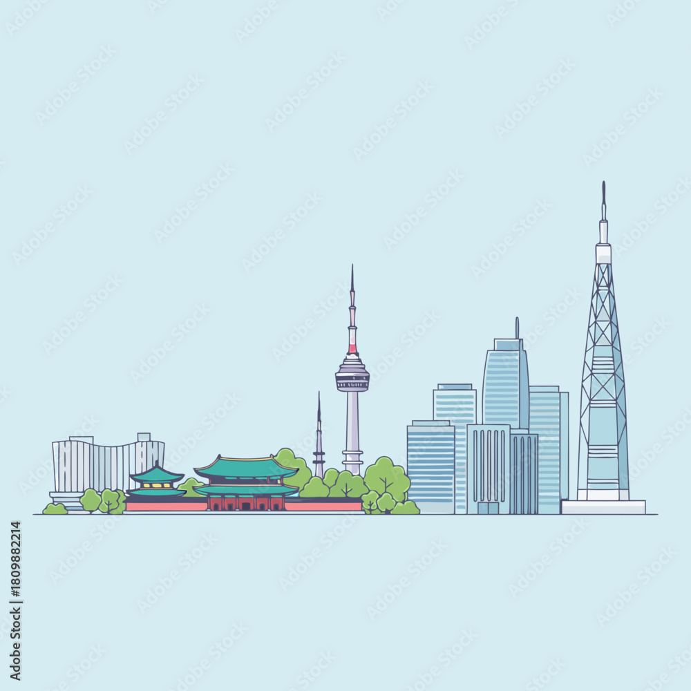 Obraz premium Minimalist vector illustration of Seoul city skyline featuring traditional Korean architecture, modern skyscrapers, and iconic towers against a light blue background.