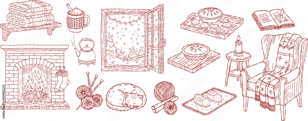 Obraz premium Whimsical christmas holiday winter line hand drawing, sketch doodle decoration set, cozy home, fireplace, armchair, sleeping cat, knitting and window view vector illustration