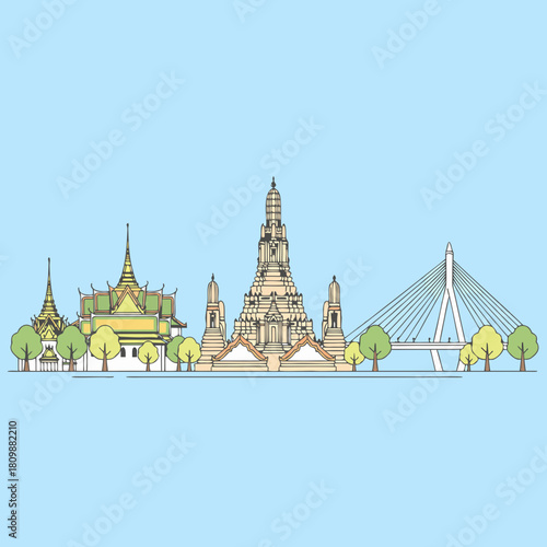 Illustrated Bangkok skyline featuring Wat Arun, Grand Palace, and a modern bridge against a light blue background.