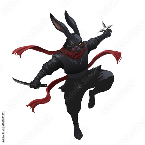 Black rabbit ninja character in a dynamic pose, holding a sword and shuriken, with a flowing red scarf.