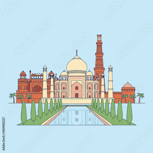 Stylized illustration of iconic Indian landmarks including the Taj Mahal, Red Fort, and Qutub Minar with a reflecting pool and trees.