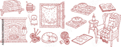 Whimsical christmas holiday winter line hand drawing, sketch doodle decoration set, cozy home, fireplace, armchair, sleeping cat, knitting and window view vector illustration