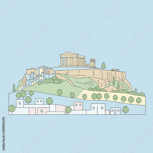 Minimalist vector illustration of the historic Acropolis of Athens with the Parthenon and surrounding city buildings under a clear sky.