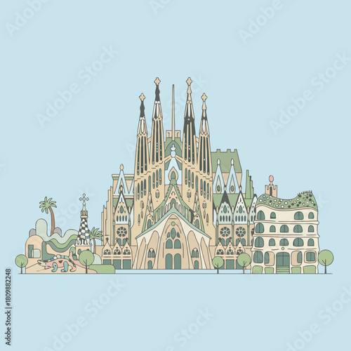A detailed illustration of the iconic Sagrada Familia basilica in Barcelona, Spain, featuring its intricate spires and surrounding city elements in a pastel color palette.