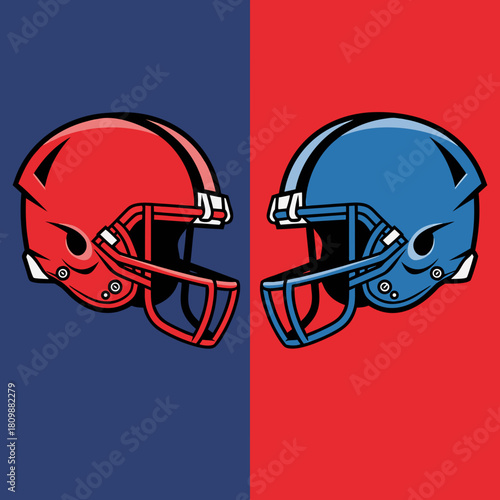 Two American football helmets, one red and one blue, facing each other on a split background of contrasting colors, symbolizing rivalry or competition.