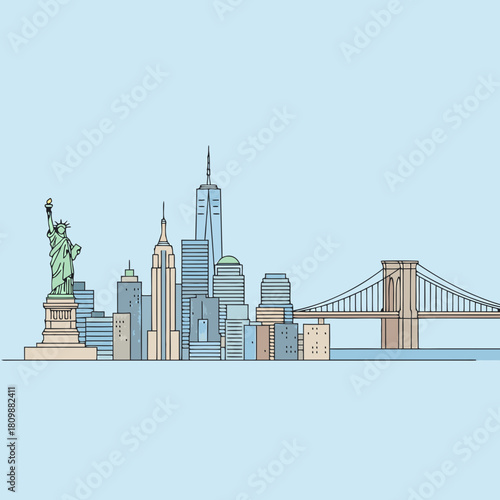 A minimalist line art illustration of the iconic New York City skyline featuring the Statue of Liberty, famous skyscrapers, and the Brooklyn Bridge against a light blue background.