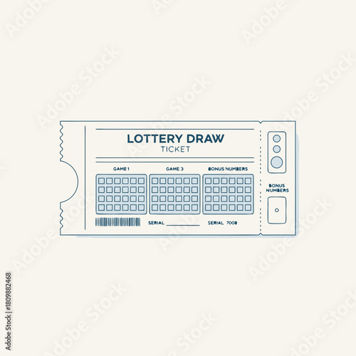 A clean, minimalist illustration of a lottery draw ticket with multiple game sections and bonus numbers, presented in a light blue and beige color scheme.