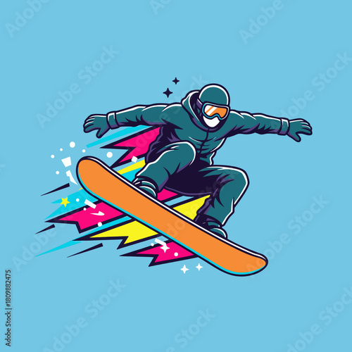 A cartoon illustration of a snowboarder performing a jump with colorful speed effects on a light blue background.
