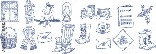 Christmas cozy winter holiday decoration set, vintage rocking chair, toy train and cuckoo clock  whisimal line art elements vector illustration