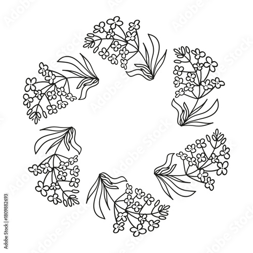 Cute round frame with doodle outline canola rapeseed flowers isolated on white background.
